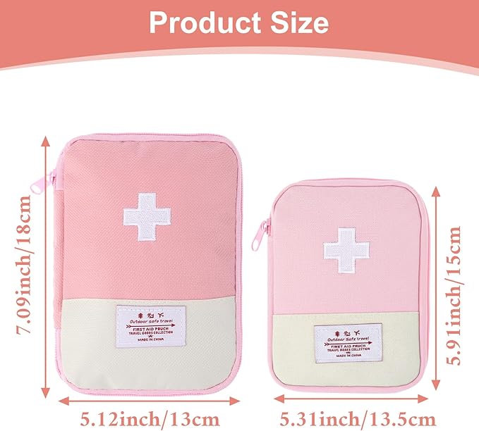 Small First Aid Pouch Empty, 2 Pcs Pink First Aid Kit, Mini Portable Oxford Fabric Medical Bag with 2 Different Sizes for Outdoor Indoor Camping Hiking Traveling Sports Car Home Emergency