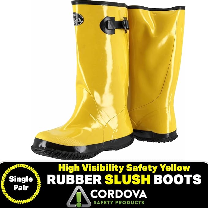 Yellow Slush Boots with Black Ribbed Sole, Cotton Lined, 17-Inch Length, Over-The-Shoe Style