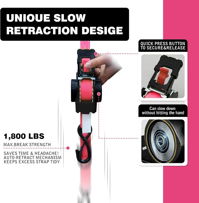 Retractable Ratchet Straps 1" x 13Ft, Heavy Duty Self Retracting Tie Down Straps, 1800lb Break Strength Auto Retract Cargo Straps for Truck, Trailer, Motorcycle, ATV, UTV, (Pink, 4 Pack)