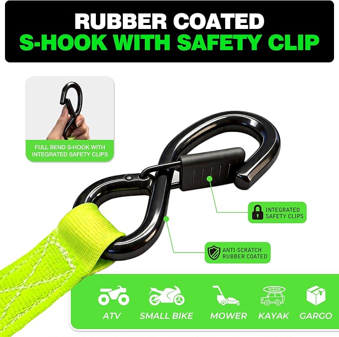 Retractable Ratchet Straps 1" x 13Ft, Heavy Duty Self Retracting Tie Down Straps, 1800lb Break Strength Auto Retract Cargo Straps for Truck, Trailer, Motorcycle, ATV, UTV, (Fluorescent Green, 4 Pack)