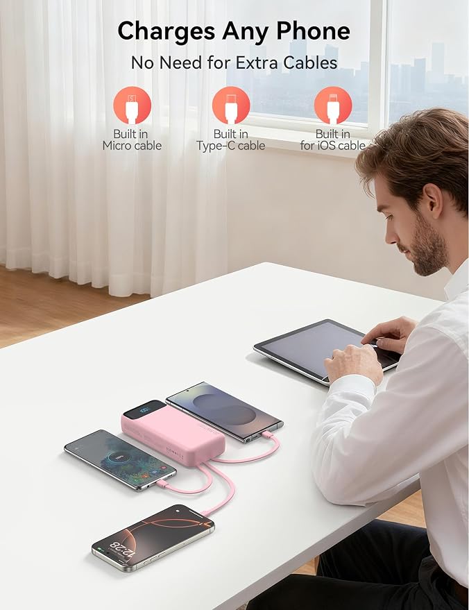 Nusyddy Portable Charger 20000mAh 22.5W w/4 Built-in Cables/6 Outputs Pink | High capacity, Fast Charge, LED Display, Pass Through Charging, Charge 6 Devices at once, TSA Approved, Fits iPhone, Samsung