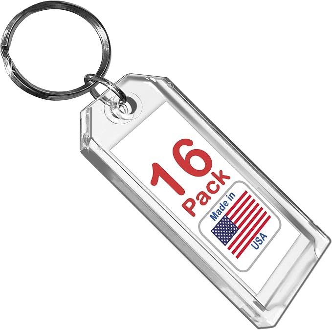 Premium Key Tag 3” Slip-Slot Plastic Heavy Duty (Clear Crystal Color) (16 Pack) (Label and Ring included) (Made in USA)
