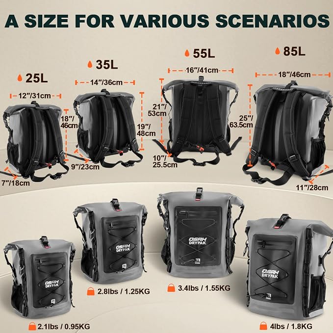OSAH DRYPAK Waterproof Backpack Dry Bag 25L/35L/55L/85L – Heavy Duty Roll-Top Hiking Backpack Sack Keeps Gear Dry for Travel, Kayaking, Boating, Camping, Rafting and Fishing