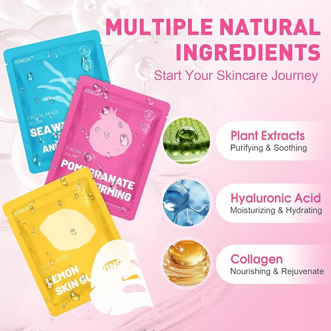 KONEUK 12 Pack Collagen Hydrating Face Masks Skincare, Sheet Face Mask for All Skin Types, Facial Masks Set for Women Skin Care, Face Mask Bulk Spa Gifts for Women