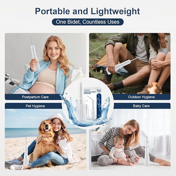 Portable Bidet for Travel – USB-C Rechargeable, 3 Modes, 400ml, Waterproof Sprayer + 2 Nozzles – Baby Portable Bidet, Bidet for Men, Travel Bidet for Women