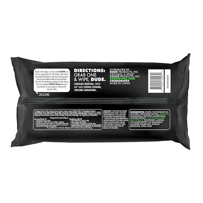 DUDE Wipes MentHOLE XXtreme Flushable Wipes - Menthol Infused Extra-Large Adult Wet Wipes - 6 Pack (288 Count) - Infused with Menthol for a Cooling Sensation - Septic and Sewer Safe