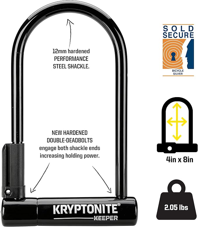 Kryptonite Keeper Standard Bike U-Lock, Heavy Duty Anti-Theft Bicycle U Lock Sold Secure Silver, 12mm Shackle with Mounting Bracket and Keys for Bike, Motorcycle, Scooter, Bicycle, Door, Gate, Fence | bike-locks
