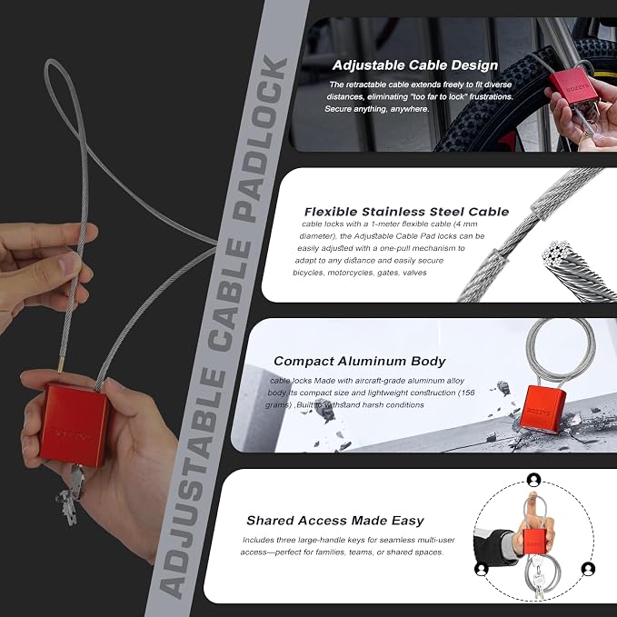 Cable Locks 3-Pack | Keyed Alike Adjustable Cable Padlock｜Len 3.28ft(1m) with 6 Same Keys/Set for Bikes, Gate, Lockers, Gun & Outdoor Gear | Weatherproof & Red