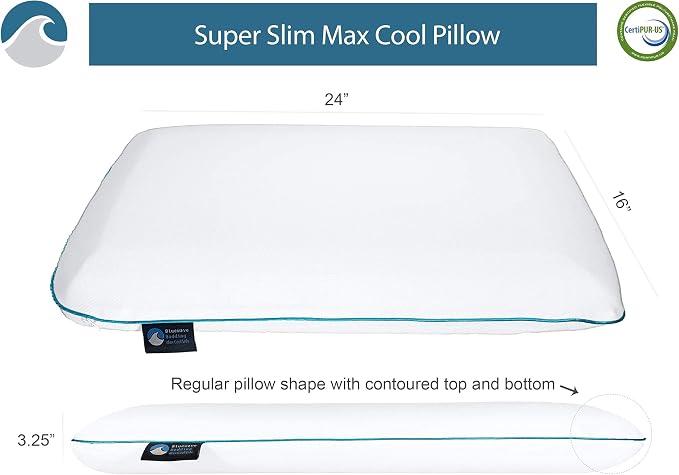 Bluewave Bedding Super Slim Max Cool CarbonBlue Gel Memory Foam Pillow for Stomach and Back Sleepers - Thin, Flat Design with Advanced Cooling (3.25-Inch Height, Standard Size)