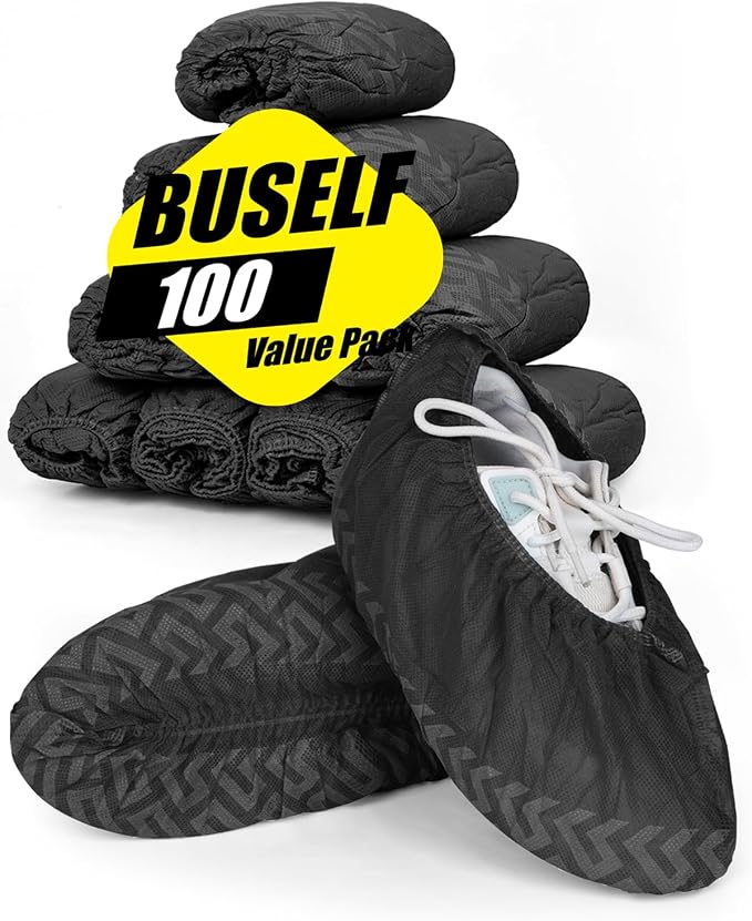 Buself X-Large 200 Count Shoe Covers Disposable Non-Slip, Premium Cloth Boot Covers, Slip-resistant, Durable, Breathable, Non-toxic, Recyclable, Stretchable Fits Up to Size 13 US Men - Black