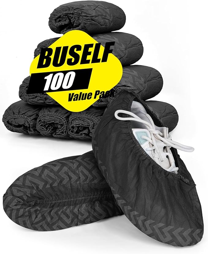 Buself X-Large 100 Count Shoe Covers Disposable Non-Slip, Premium Cloth Boot Covers, Slip-resistant, Durable, Breathable, Non-toxic, Recyclable, Stretchable Fits Up to Size 13 US Men - Black