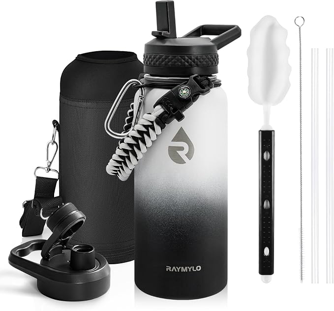 RAYMYLO Insulated Water Bottle 32 oz, Triple Wall Vacuum Stainless Steel (Cold for 24Hrs, Hot for 12Hrs), Leak Proof & Non-BPA, Modern Water Flask Jug with Paracord Handle & Straw Spout Lids