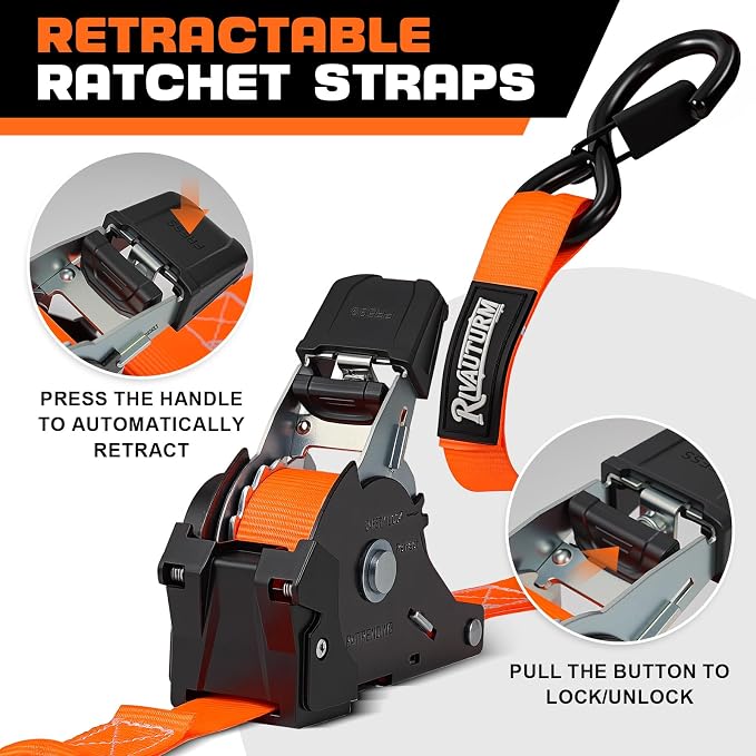 4 Pack Retractable Ratchet Straps with S Hooks, 1 Inch x 12 Feet(1500LBS Break Strength) Heavy Duty Auto Self Retracting Tie Down Straps for Truck, Cargo Trailer, Motorcycle, ATV, UTV & More -Orange