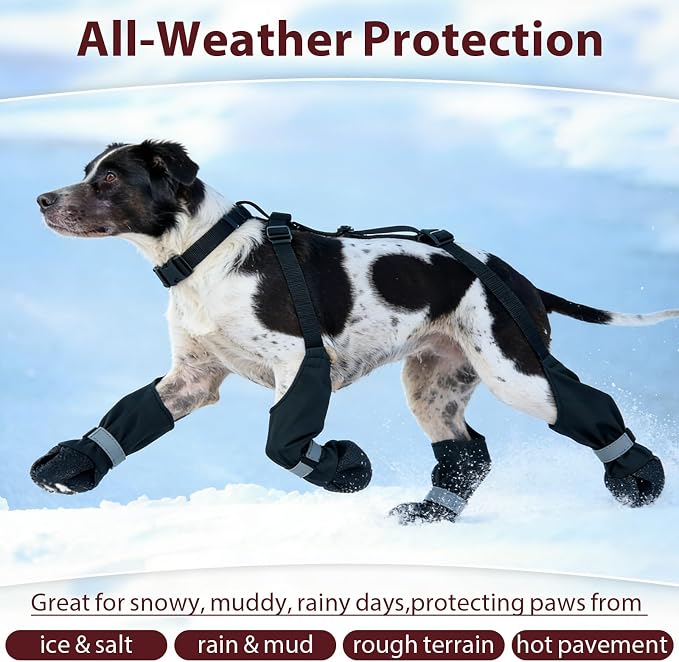 Dog Suspenders Boots, Winter Snow Shoes for Medium Dogs, Waterproof Dog Boots for Rain Mud, Anti-Slip Stay-On for Active Dogs, Adjustable Reflective Paw Protector for Walking Hiking, L Black