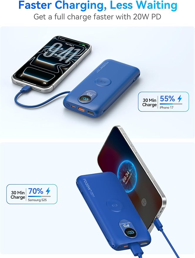 Portable Charger, 10000mAh 20W Fast Charging Power Bank with Built in Cables & AC Wall Plug & LED Display, Travel Essentials Battery Pack Powerbank for iPhone, iPad, iWatch, Samsung, Blue