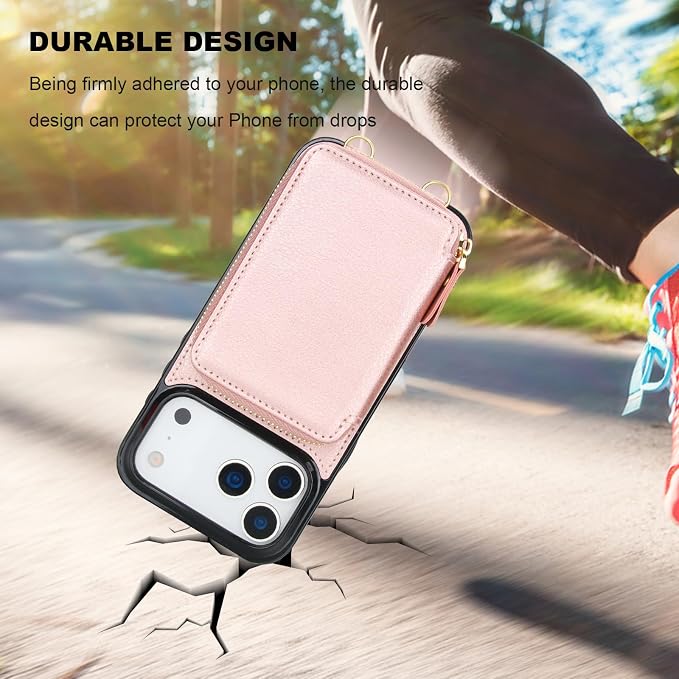 Bocasal RFID Blocking Wallet Case for iPhone 17 Pro Max, Adjustable Crossbody Zipper Purse Case Card Holder with Kickstand Detachable Wrist Strap, PU Leather Flip Folio Case 6.9 Inch 5G (Rose Gold)
