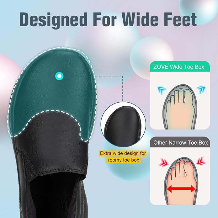 ZOVE Wide Toe Box Shoes Women Wide Width Waterproof Leather Hands Free Nursing Sneakers Ultra Light Extra Wide Walking Sneakers Non-Slip Chef Diabetes Nurse Work Shoes