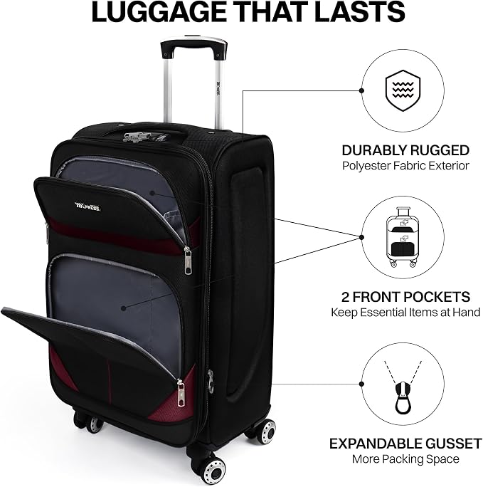 3-Piece Softside Expandable Luggage Set with Front Open Pocket,Lightweight Durable Suitcase Sets Double Spinner Wheels & w/LOCK（Black-Burgundy,20in/24in/28in）
