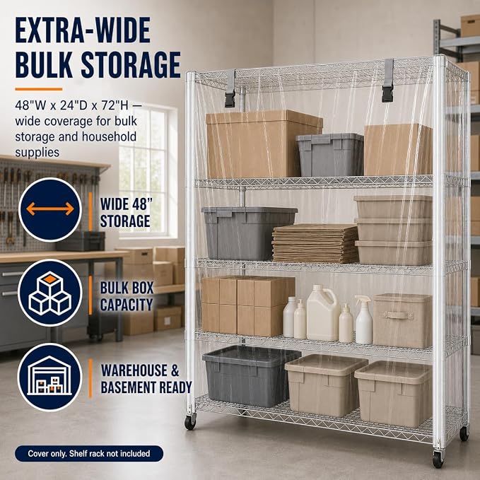 Clear Wire Rack Cover for Wire Shelving – Heavy-Duty PVC Dustproof Storage Rack Protector with Dual Front Zippers, 48" x 24" x 72" (Cover Only)