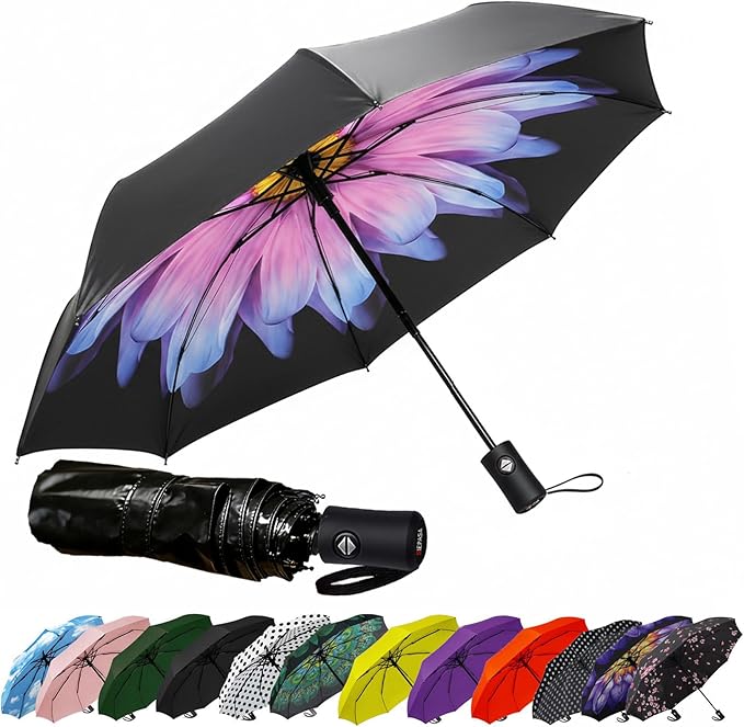 SIEPASA Compact Travel Umbrella - Windproof Auto Open/Close, Small Folding Umbrella for Rain & Sun with UPF50+ - Lightweight Frame, Waterproof - Fits Backpack, Purse, Suitcase.(Glaze)