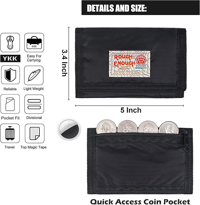 Rough Enough Kids Wallet for Boys Teens with Neck Lanyard Keychain Zipper Coin Pocket Card Holder Black Soft Nylon