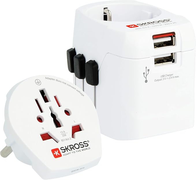 SKROSS Pro Light World Travel Adapter with USB | 3-Pole Travel Adaptor with Slide System | Designed for 200+ Countries | Compact and Reliable | White