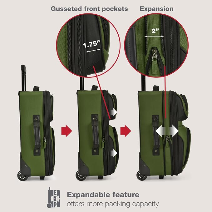U.S. Traveler Rio Lightweight Softside Rolling Carry-on Suitcase, 2-Wheel Single, Green