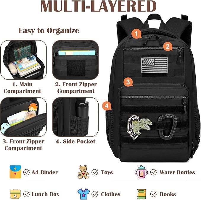 Kids Tactical Backpack Army Molle Bookbag Military Boys Backpack for School, Outdoor, Camping, Black