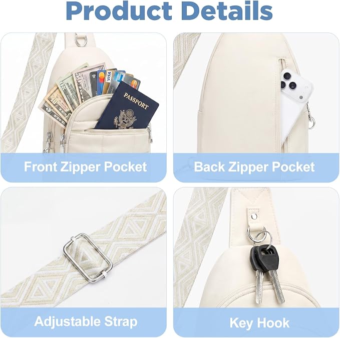 Anti Theft Sling Bag for Men & Women, Lightweight Puffer RFID Crossbody Bag for Travel, Commuting & City Walking, Hands-Free Everyday Essentials Bag White