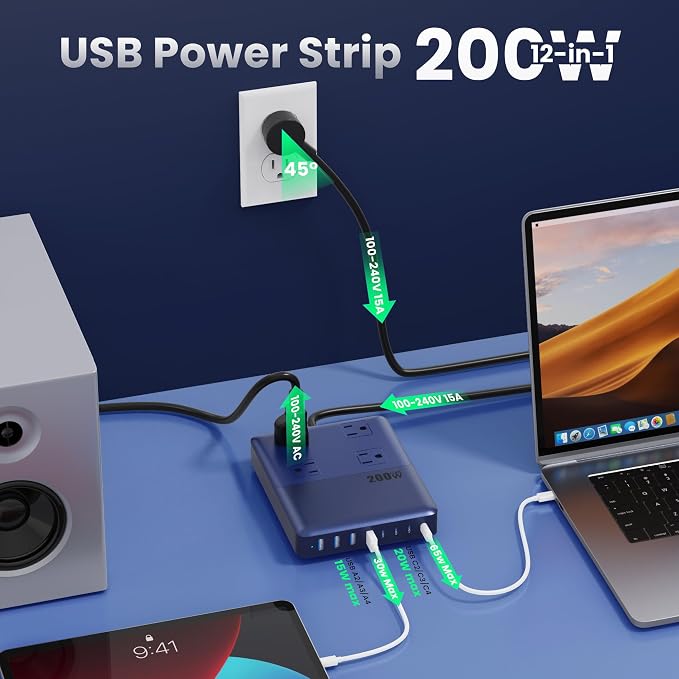 200W Charging Station,12-in-1 USB C Power Strip with Flat Plug and 5ft Extension Cord,4 AC Outlets,4 USB-A,4 USB-C Ports for iPhone 17/16/15,65W PD Fast Laptop Charger for MacBook,Home,Office (Blue)