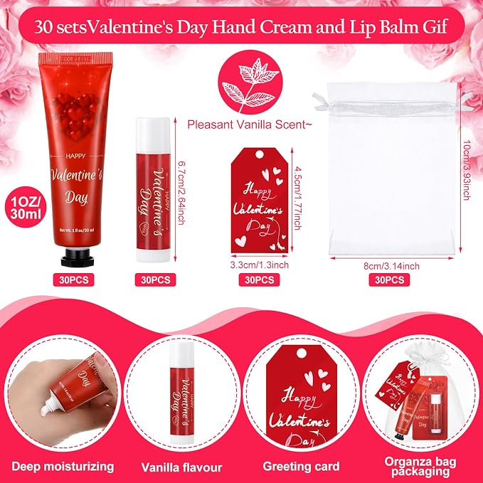 30 Sets Valentine's Day Hand Cream and Lip Balm Gift Bulk for women Romantic Love Heart Gifts with Organza Bag, Tag, Valentine Party Favors for family Teacher Nurse Coworker
