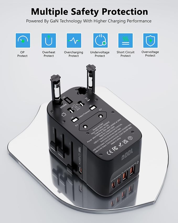 100W GaN Universal Travel Adapter International Power Adapter, with 5 USB(3 USB C) Charging Ports European Travel Plug Worldwide for US to Europe UK, EU, AU (Type C/G/A/I) Outlet Wall Charger