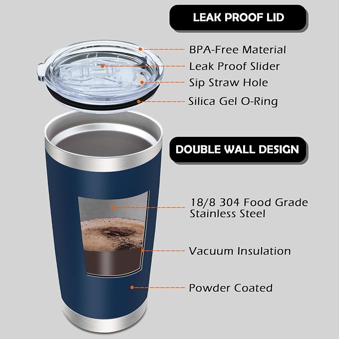 AIANJI 20oz Tumbler Bulk Stainless Steel Tumblers with Lid Vacuum Insulated Double Wall Travel Coffee Mug Powder Coated Tumbler Cup for Hot and Cold Drinks(Navy Blue, 1 pack)