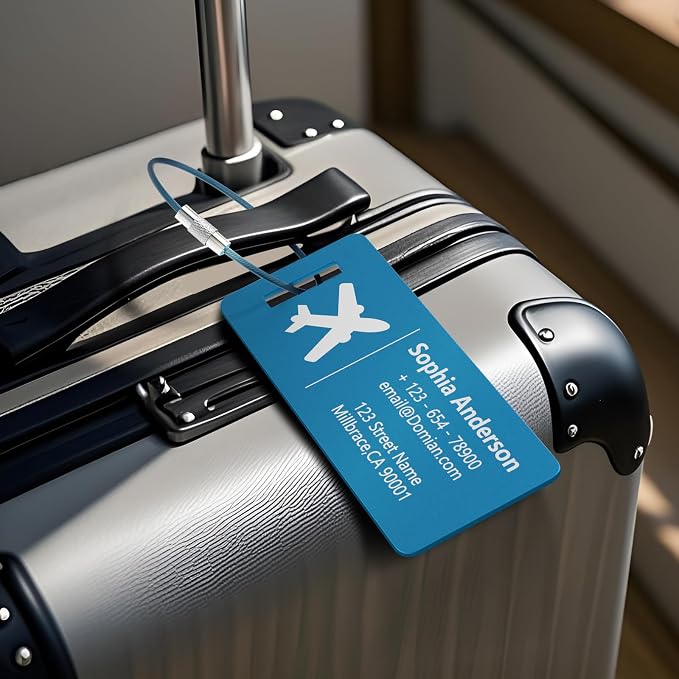 10 Personalized Metal Luggage Tags, Custom Suitcase Aluminum Name Tags with Steel Ring, Laser Engraved Name and Logo, for Travel, Backpack, Baggage, Golf Bag (Blue)