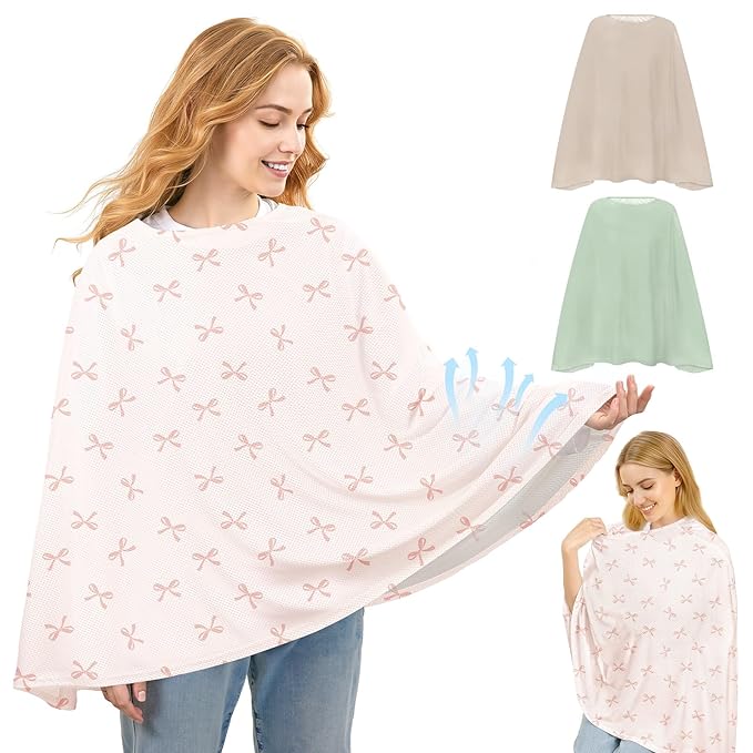Basumee Nursing Cover for Breastfeeding Breathable Mesh 360 Full Privacy Nursing Wrap Multi-Use Breast Feeding Covers for Women Moms Feeding Essentials, Dusty Pink Bows, 1 Pack
