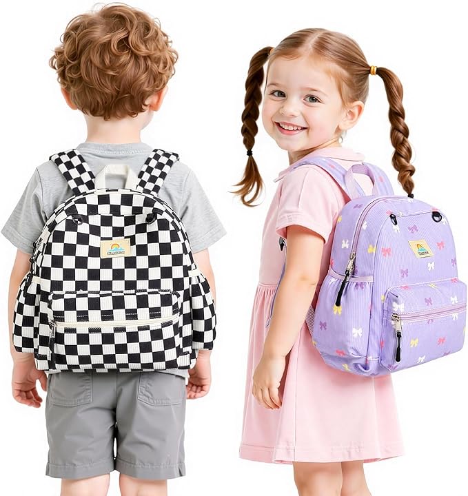 STEAMEDBUN Corduroy Toddler Backpack for Boys 2-4: Kids backpack for Boys Girls - 12 inch Preschool Kindergarten Backpacks - Checkered