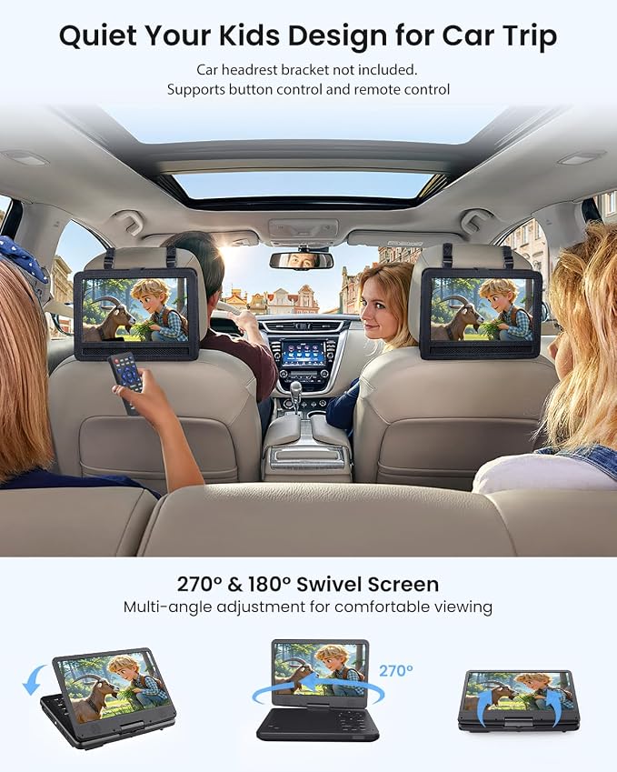 12.5" Portable DVD Player with10.1 HD IPS Screen for Kids,Car DVD Player with Headrest Mount, 360° RF Remote Control, 2 Earphone Jacks, 5h Battery, Support CD/DVD/SD Card/USB，Region Free [Black]