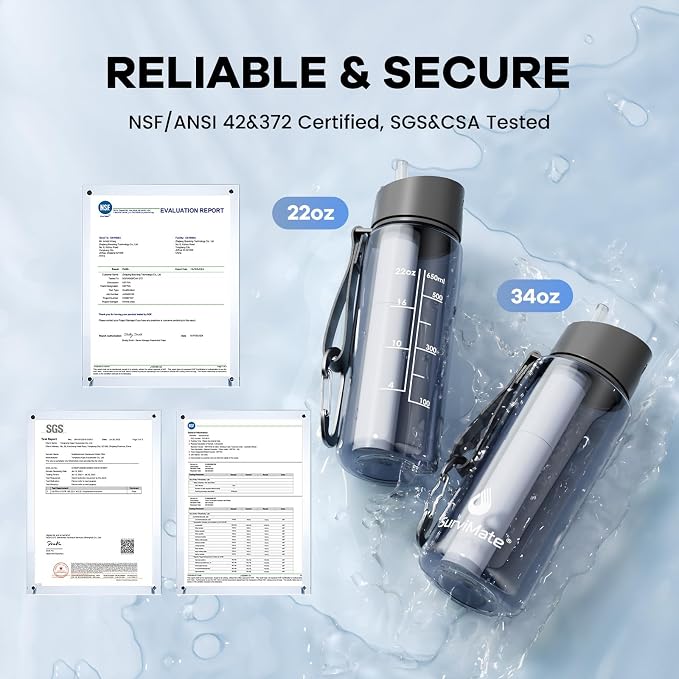 Survimate 5-Stage 0.01μm Ultra-Filtration Filtered Water Bottle, BPA-Free Material, NSF/ANSI 42 Certified, Portable Water Filter Bottle for Survival, Camping, Hiking, and Emergency Use