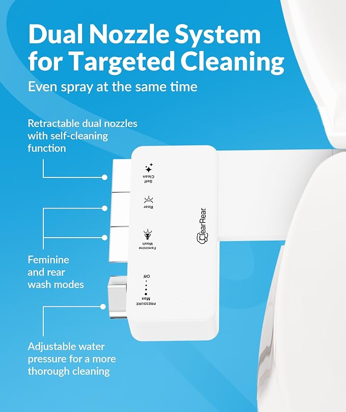 CLEAR REAR Ultra Slim Bidet Attachment for Toilet Seat - Non-Electric with Self Cleaning Dual Nozzles, Leak Proof, Adjustable Water Spray, Rear & Feminine Wash Toilet Bidet Upgrades (White Piano Keys)