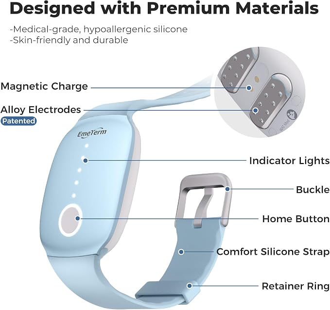 EmeTerm Fashion FDA-Cleared Relieve Nausea Electrode Stimulator Morning Sickness Motion Travel Sickness Vomit Relief Rechargeable No Gel Drug Free Wrist Bands Without Side Effects (2 Pack)