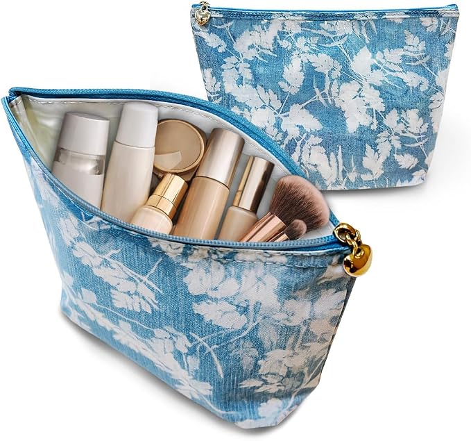 Jacaranda Living Small Cosmetic Bag - Water-Resistant, PVC-Lined, Compact & Travel Ready Make Up Bag, Easy to Clean - Floral Denim