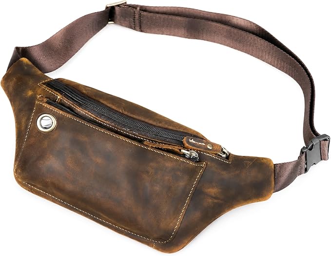 Water Resistant Canvas + Leather Hiking Riding Travel Fanny Waist Pack Small Phone Pouch For Men Women FB811-29 (W-8138-Brown)