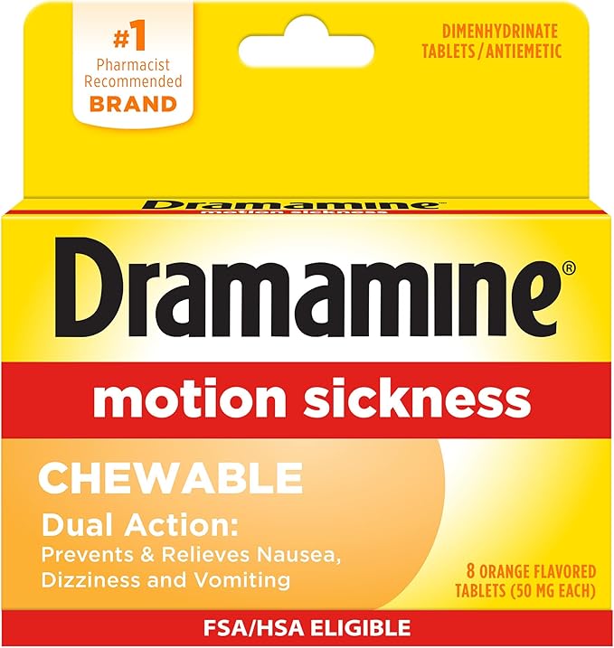 Dramamine Motion Sickness, Chewables for Nausea Relief During Travel, Orange Flavor, 8 Count
