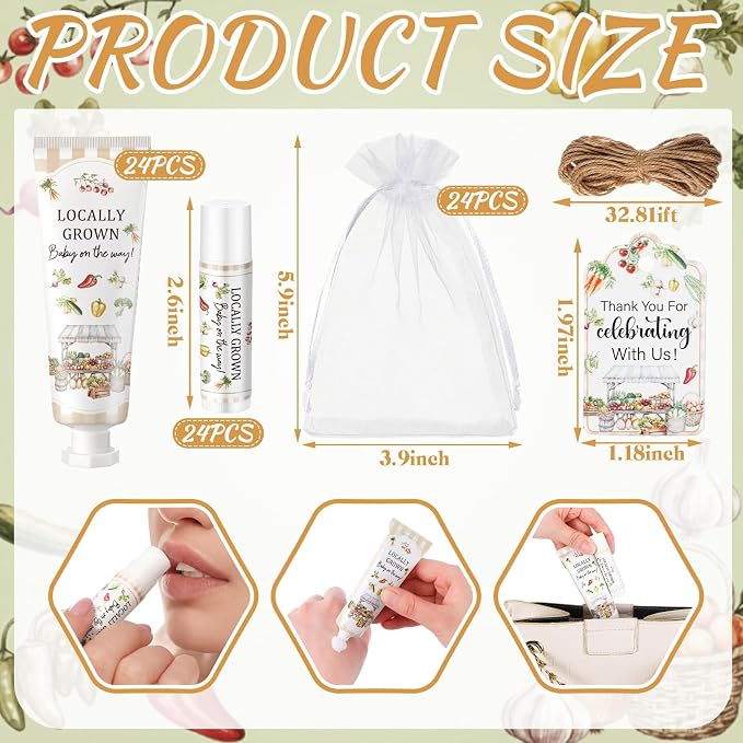 Lounsweer 24 Sets Locally Grown Baby Shower Hand Cream and Lip Balm Gift Farmers Market Baby Shower Party Favors for Guest Vegetable Theme Travel Size Hand Lotion and Lip Balm Birthday Party Supplies