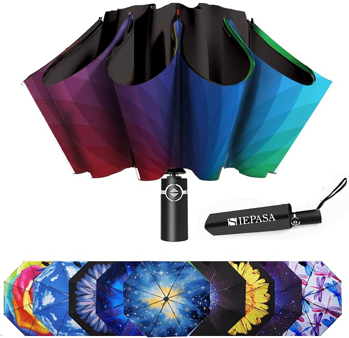 SIEPASA Inverted Umbrella, Large Windproof Compact Umbrellas for Rain & Sun, Compact Reverse Umbrella,Automatic Travel Folding Umbrella for Women Men. (Rainbow colors)