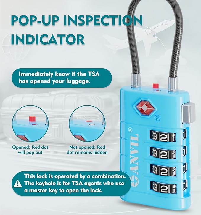 ANVIL TSA Approved Luggage Locks with Search Alert Indicator, 4-Digit Combination Suitcase Lock, Advanced TSA008 Core Heavy Duty Anti-Theft Travel Lock for Double Zippers, Backpacks