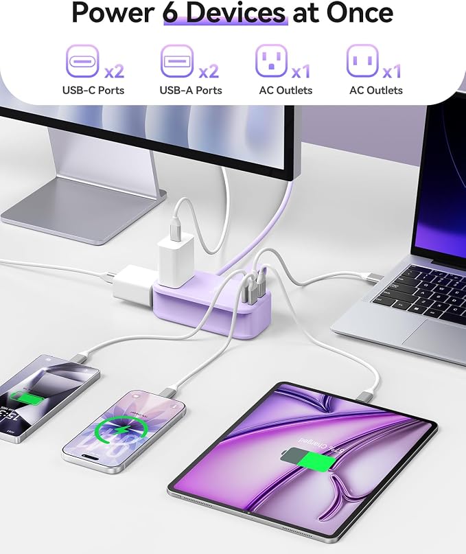 ORICO 100W GaN Power Strip for Laptop, 6 in 1 Multiple Outlets Extension Cord(2 AC Outlets, 2 USB-A, 2 USB-C Ports), 5ft Wrapped Flat Plug for Travel/Office ETL Listed