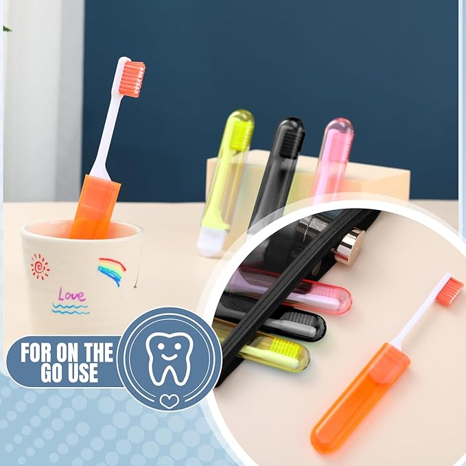 Patelai 4 Pieces Travel Toothbrush Set, Travel Size Toiletries, Soft Bristle Mini Foldable Tooth Brush with Case, Individually Wrapped Small Portable Toothbrush for Camping Home (Honey Color)