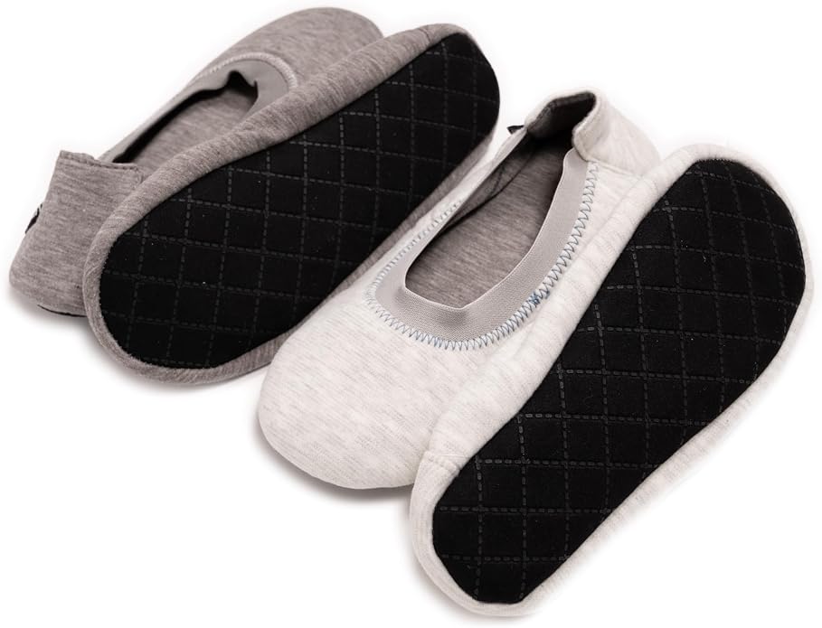 Muk Luks Women's 2 Pair Travel Ballerina Slipper Set, Grey, L (9-10)