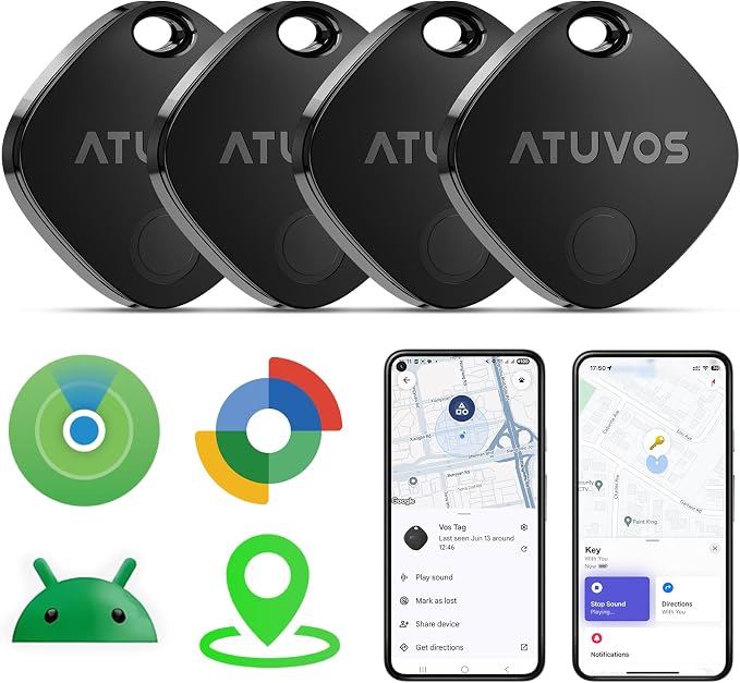ATUVOS Dual System Air Tracker Tag Pro 4 Pack, Smart Key Finder Works with Android Google Find Hub or iOS Apple Find My APP (Huawei not Supported), Bluetooth Item Locator for Luggage, Suitcase, Wallet